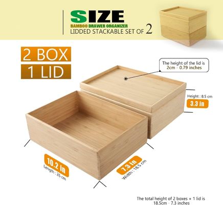 선물 패키지 세트 2 10.2X7.3인치 겹쳐질 수 있는 대나무 드라워 조직장 laminated 저장 상자 트레이