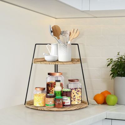 목조 욕실 카운터 조직기 2 층 저장 및 조직을위한 코너 선반