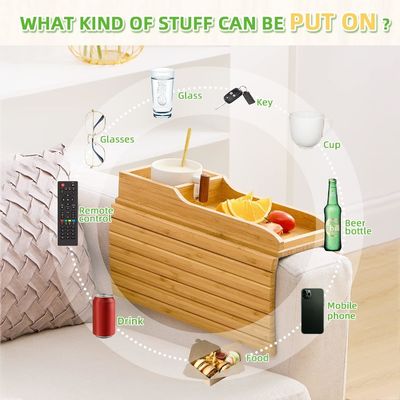 휴대용 소파 팔 트레이 테이블 천연 대나무 소파 소파 컵 홀더 반짝이는 라미네이션