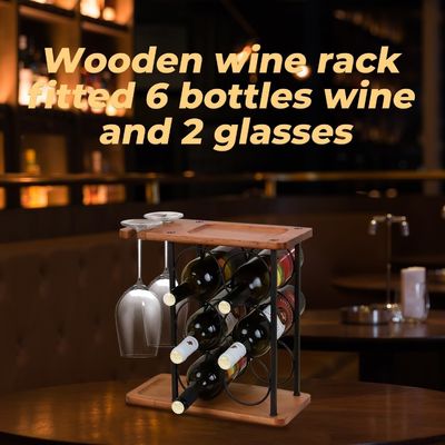 트레이와 함께 웅장한 목재 책상 와인 래크 수작업 6 병과 2 잔