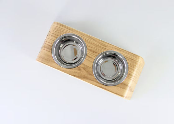 202407 애완동물 선물 개인화 된 2 개의 스테인리스 스틸 그릇과 함께 나무로 만든 음식 스탠드