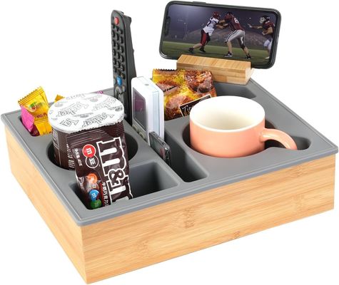 회전 가능한 전화기 홀더 목재 실리콘 Bambu Couch Cup Holder Tray Organizer for Bed Snacks 맞춤형 로고 허용