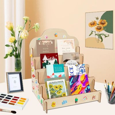 맞춤형 크기의 고형 목재 4 층 디스플레이 스탠드 인사 카드 스티커 및 우편 카드