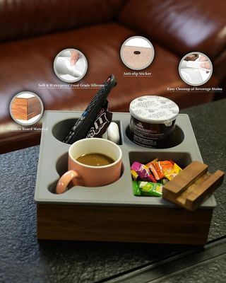 맞춤형 로고 부드러운 실리콘 아카시아 나무 소파 캐디 간식 음료 리모컨