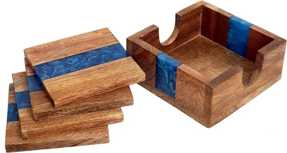 모던 오션 블루 에포시 목재 樹脂 코스터