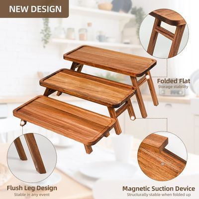 3 계층 목재 컵 케이크 타워 디스플레이 스탠드 아카시아 나무 접이식 서비스 트레이