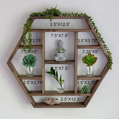 가정 장식 고형 목재 육각형 벽에 장착 된 부동 선반 목재 저장 선반