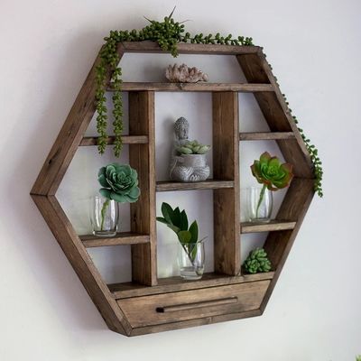 가정 장식 고형 목재 육각형 벽에 장착 된 부동 선반 목재 저장 선반