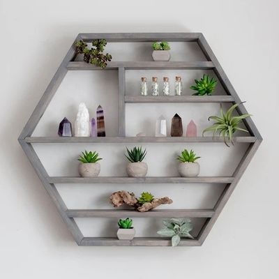 가정 장식 고형 목재 육각형 벽에 장착 된 부동 선반 목재 저장 선반
