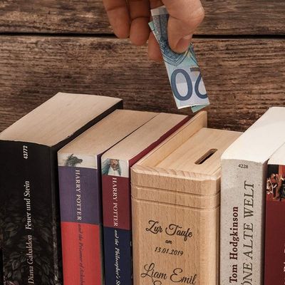 실크 스크린 인쇄/태워진 로고 어린이용 책 모양의 나무 돈 절약 상자