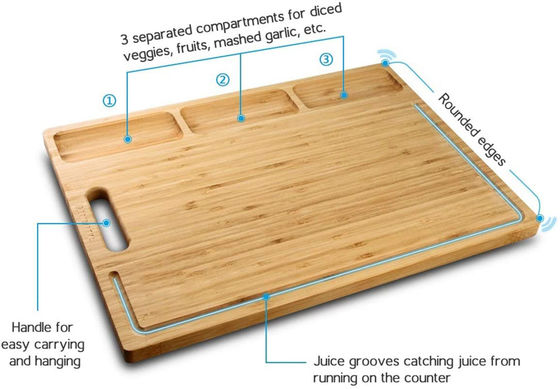 다기능 대나무 절단판 3개 칸막이와 주스 틈 43*32*1.8cm