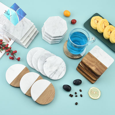 4 인치 아카시아 헥사곤 기하학 원형 나무와 대리석 나무 흰 코크 코스터 플레이트 세트