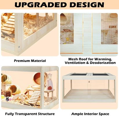 열 수 있는 윗부분과 아크릴 시트를 가진 목재 햄스터 케이지