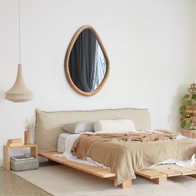 현대 거실 및 욕실을위한 독특한 래크 된 목재 둥근 농장 거울