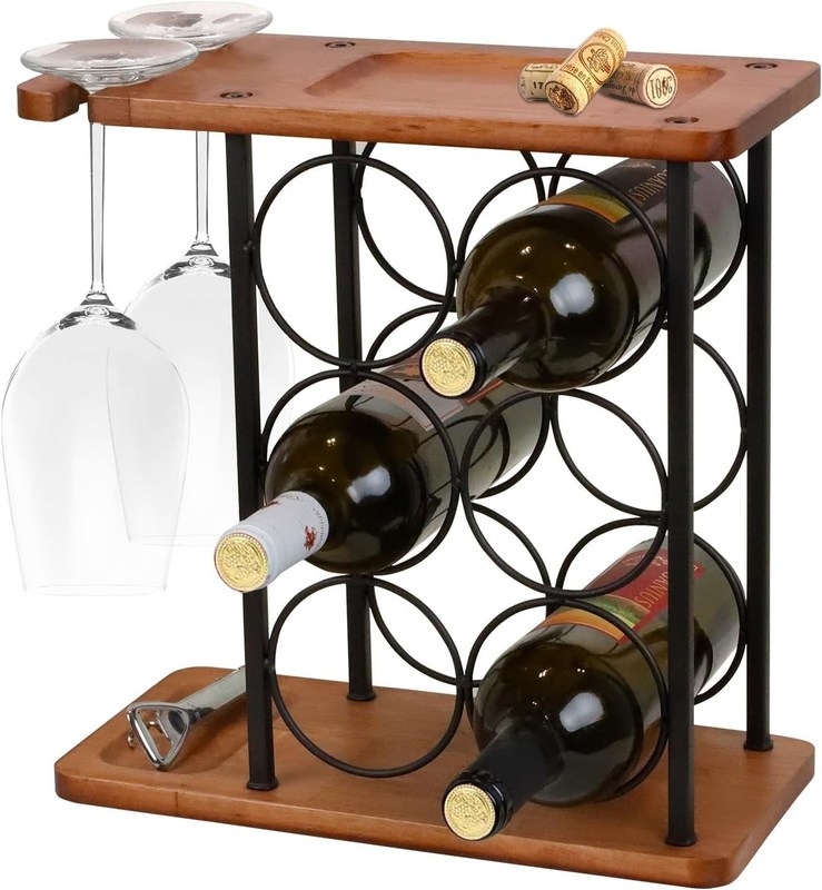 트레이와 함께 웅장한 목재 책상 와인 래크 수작업 6 병과 2 잔