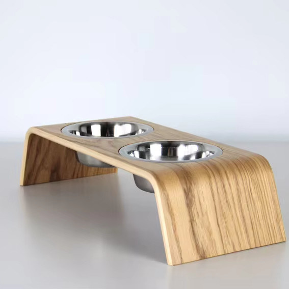 202407 애완동물 선물 개인화 된 2 개의 스테인리스 스틸 그릇과 함께 나무로 만든 음식 스탠드