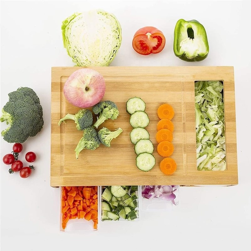 4 컨테이너 트레이와 직사각형 대나무 절단판 부엌 목재 절단판