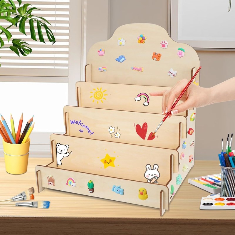 맞춤형 크기의 고형 목재 4 층 디스플레이 스탠드 인사 카드 스티커 및 우편 카드