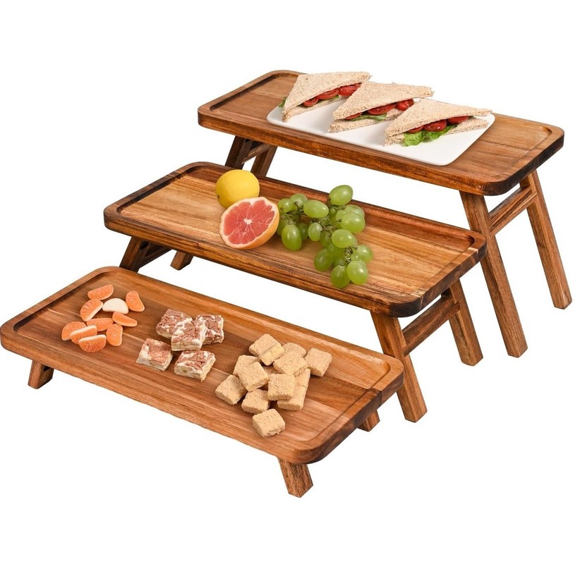 3 계층 목재 컵 케이크 타워 디스플레이 스탠드 아카시아 나무 접이식 서비스 트레이