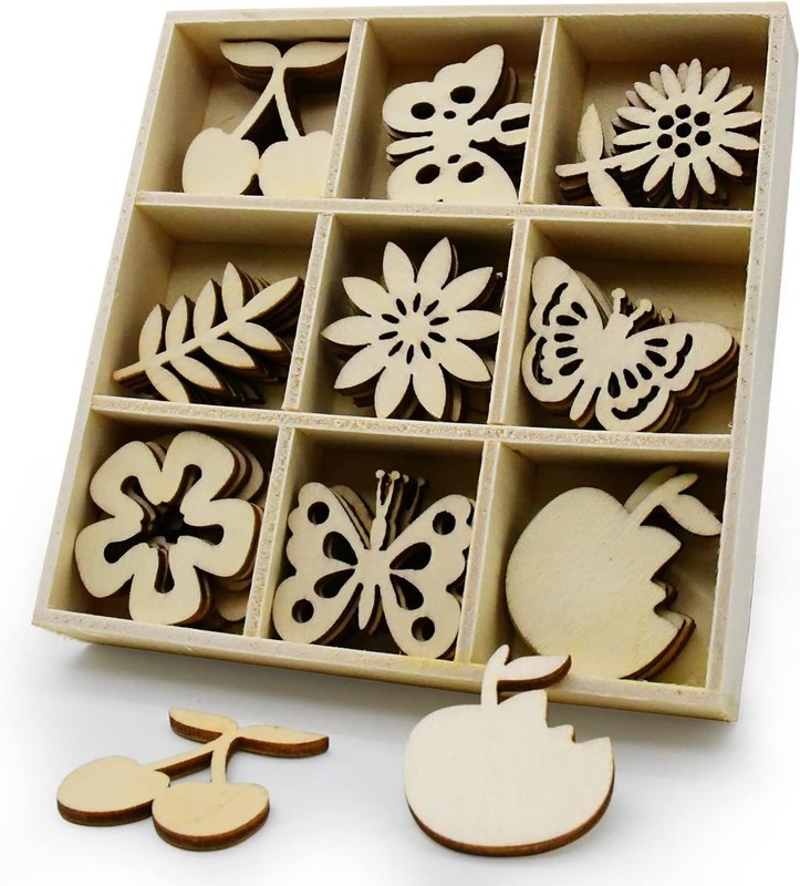 나무 장식 레이저 절단 빈 조각 꽃 테마 자연 장식 45pcs